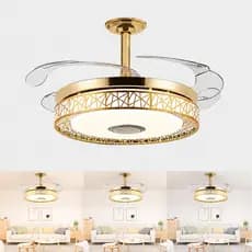 Lustre Ventilador de Teto Retrátil Dourado com Controle Remoto Com Música e caixa de Som - Bivolt