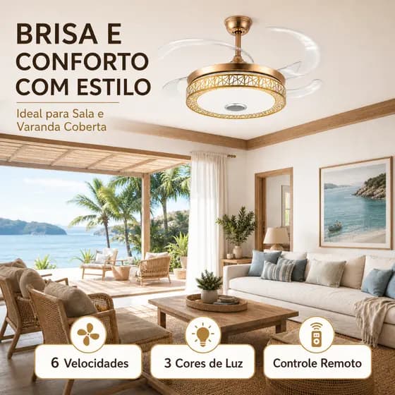 Lustre Ventilador de Teto Retrátil LED 4 Pás Controle Remoto Com Música e caixa de Som - Bivolt