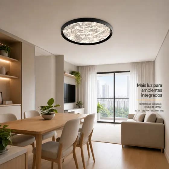 Luminária de Teto LED 72W 50cm Preto Moderno 3 Cores em 1 Dimerizável com Controle Remoto Bivolt Sala Quarto