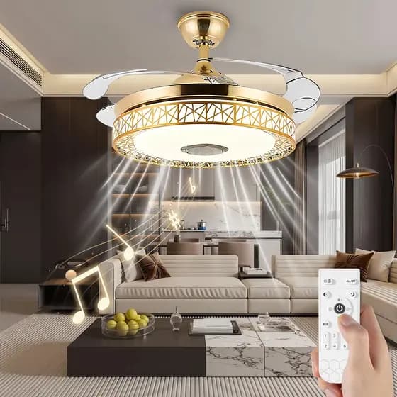 Ventilador de Teto Retrátil LED 108CM 110V/220V Bivolt Dourado Som Integrado Controle Remoto