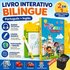 Livro Interativo Infantil Bilíngue Português Inglês com Som Lousa Mágica Reutilizável Brinquedo Educativo 2 em 1