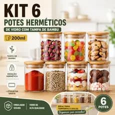 Kit 6/12 Pote de vidro hermético tampa bambu 200ml Porta Mantimentos Organizador de Cozinha