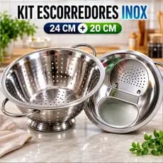 Kit Escorredor Macarrão 24cm + Escorredor de Arroz 20cm Aço Inox Resistente Utensílios de Cozinha