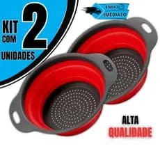 KIT 02 Escorredor Redondo Retrátil Dobrável Silicone Multiuso Verduras Frutas Arroz Macarrão Casa