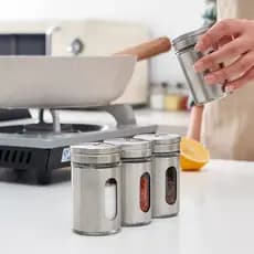 Saleiro Pimenteiro Porta Condimentos Vidro Aço Inox Com Visor Premium Em Cor Prata