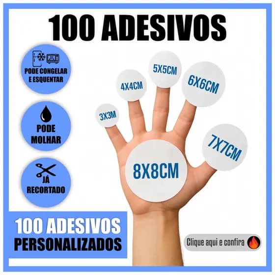 100 Adesivos Personalizados em Vinil 3x3 4x4 5x5 6x6 7x7 - Etiqueta Adesiva em Vinil Aprova d'agua