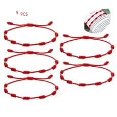 Kit 5 Pulseiras Vermelha 7 Nós Kabbalah Ajustável