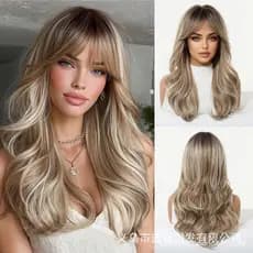 Peruca com degradê dourado, franja em formato de oito, volume, estilo descontraído, cabelo cacheado médio-longo 381 LDOS