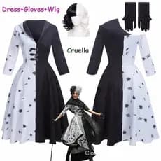 Fantasia de Cruella De Vil 2 Estilos Vestido Preto e Branco com Luvas Saia Perucas Festa de Halloween WES FGYM IJS3 BBRM
