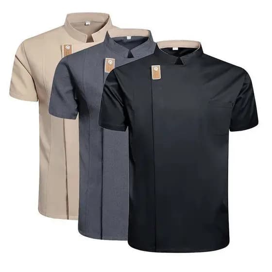 Jaqueta de Chef Preta de Manga Curta, Uniforme de Cozinha, Camiseta Cinza para Chef e Garçom, Roupas de Trabalho para Re