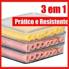 Porta Frios Presunto Queijo Acrílico Resistente Triplex Triplo Com Tampa Hermético Empilhável