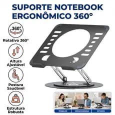 Suporte Notebook 360° Giratório Ergonômico Altura Ajustável Base Estável Dobrável Metal