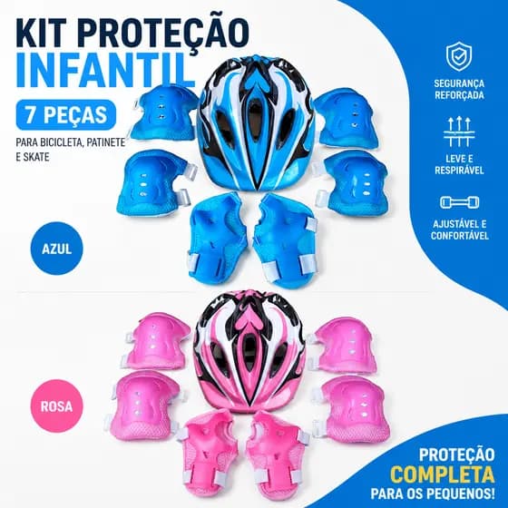 Kit de Proteção Infantil 7 Peças para Bicicleta, Patinete e Skate com Capacete, Joelheiras e Cotoveleiras Ajustáveis