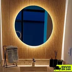Espelho Lapidado Redondo 50cm com LED Frio ou Quente para Banheiro Quarto Sala Lavabo