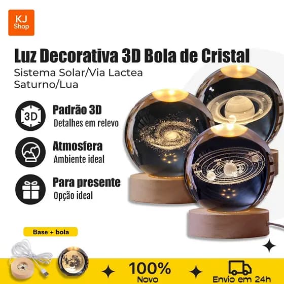 Luminária de Mesa Cristal LED com Base de Madeira Decoração Sistema Solar, Lua e Galáxia