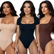 Kit 3 ou 2 Body Feminino Manga Curta Decote Quadrado Suplex Manguinha Decotado Forro Duplo Básico