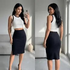 Conjunto Feminino Saia Midi e Cropped Regata Bicolor Anarruga Canelado Moda Básica Estilo Social