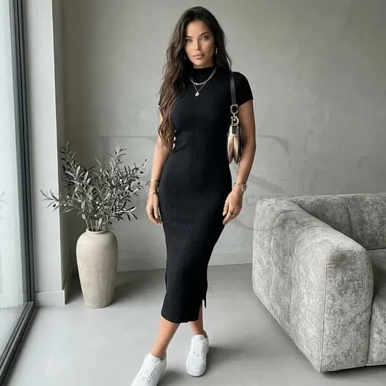 Vestido Feminino Midi Manga Curta Gola Alta Cacharrel Tubinho Fenda Manguinha Moda Evangelica Social