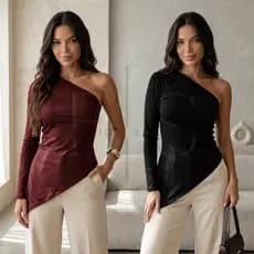 KIT 2 Blusa Feminina Assimétrica Suplex Um Ombro Manga Longa Fashion Tendência Blusinha