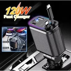 Carregador de carro retrátil com luz LED, carregador de carro rápido 4 em 1 de 120 W Super turbo para iPhone e Android