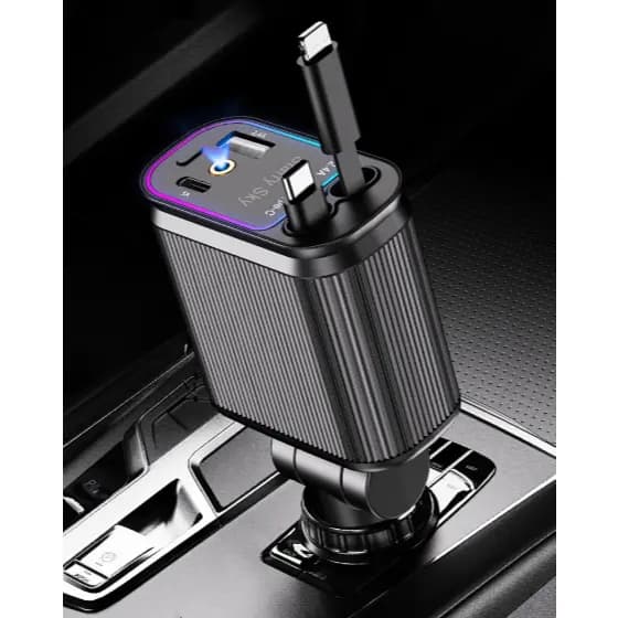 Carregador de carro retrátil, carregador rápido de para carro 4 em 1 para iPhone e Samsung com LED
