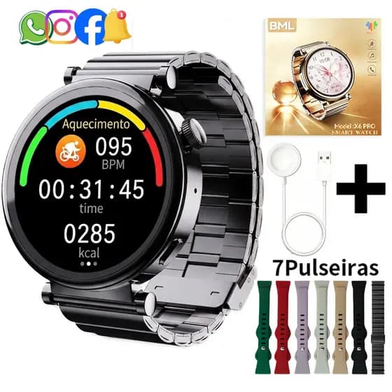 Smartwatch Feminino X6 PRO Relógio Inteligente 1,27"AMOLED, Bluetooth 5.4, NFC ChatGPT Chamada, Saude24h,120 Modos Espor