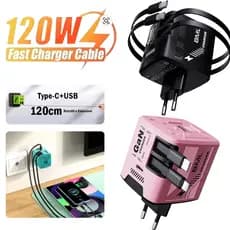 Carregador Turbo Retrátil 120W Tipo-C e Lightning Carregamento Rápido para 3 Dispositivos Compatível iPhone Android
