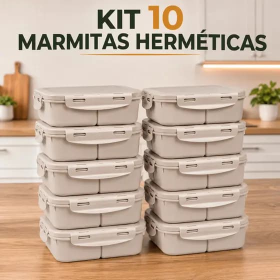 Jogo 10 Marmita Hermética Fitness 1L Divisórias para Microondas Freezer Trava Silicone BPA Free