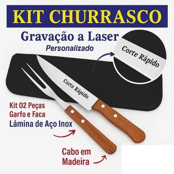 Kit Churrasco Personalizado com Faca e Garfo – Escolha Nome, Logo ou Time Gravado a Laser. Dia Pais