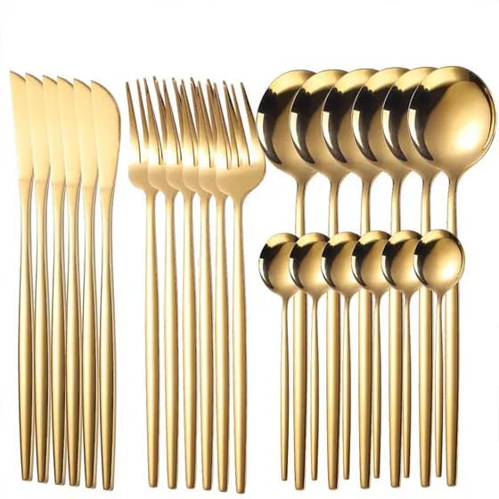 Conjunto de jantar de 24 peças em aço inoxidável 416 banhado a ouro, ideal para o uso diário