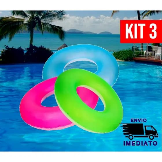 Kit 3 Bóia Inflável Circular Neon Redonda de Piscina 76cm para Criança e Adulto