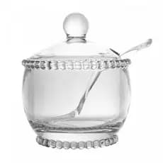 AÇUCAREIRO PEARL WOLFF DE MESA CRISTAL C/ TAMPA E COLHER - BOLINHAS - 10X10X11 com 200ml