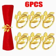 Kit 6 porta guardanapos - anéis de guardanapos de metal Folhas / ramos dourado