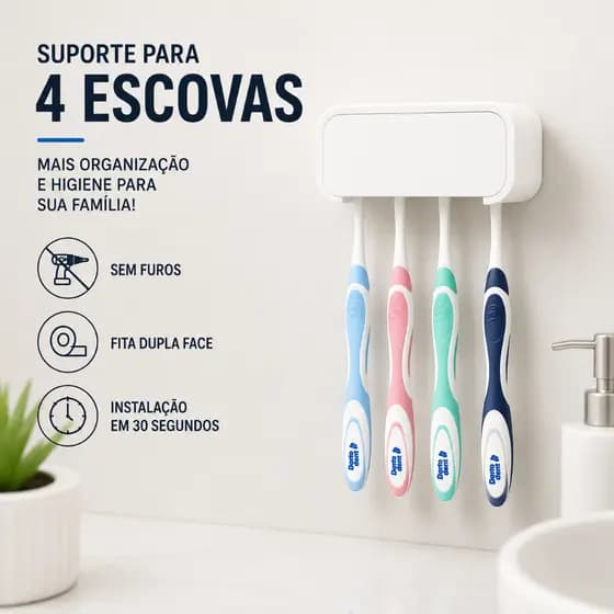 Suporte Porta Escovas de Dente Sem Furos Organizador Banheiro 4 Escovas Mais Higiene Organização