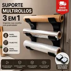 Suporte Multirolos 3 em 1 Adesivo Sem Furos Pratico Facil  | Papel Alumínio Filme PVC Papel Manteiga