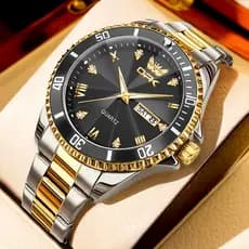 OPK Relógio Masculino A Prova D Água Original Aço Inoxidável Calendário Luxo Dourado Preto 8171