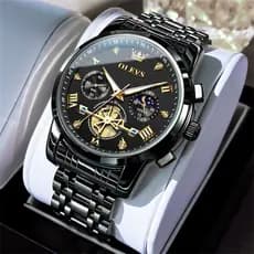OLEVS Relógio Masculino Esportivo à Prova D'Água - Cronógrafo + Calendário | Pulseira em Aço Inox Preto Fosco | 2856