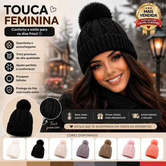 Touca Feminina Inverno Forrada Pompom Quentinha Várias Cores
