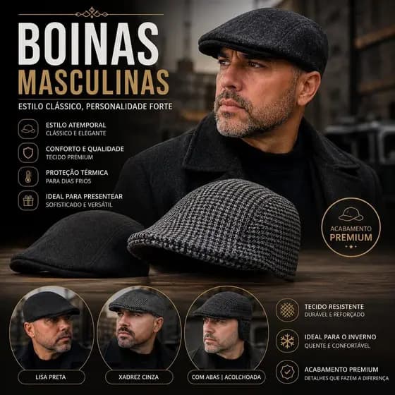 Boina Masculina Inglesa Gatsby Italiana Xadrez Lisa Inverno Elegante