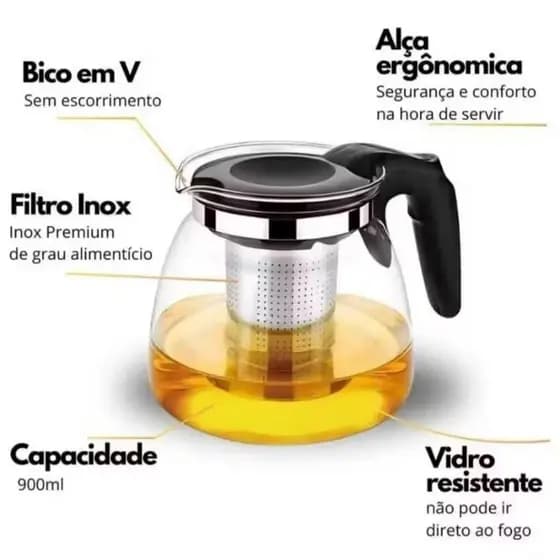 Chaleira de Chá com Infusor 900ml - Vidro e Inox, Design Moderno
