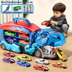 Caminhão Dinossauro Engole Carrinhos com 12 Carros de Metal Transformável com Pista Rampa e Alça