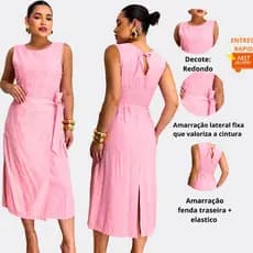 Vestido Feminino Midi com Modelagem Amarração Lateral e Elástico– M G GG G1