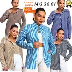 Camisa Feminina Social Listrada Manga Longa Confortável – M G GG G1