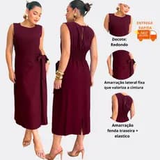 Vestido Feminino Midi Sem Manga com Laço Lateral e Lastex nas Costas Elegante -Tamanho M G GG G1