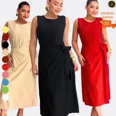 Vestido Midi Feminino Amarração Lateral Elástico nas Costas Tecido Sensorial  Tamanhos -M G GG G1
