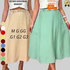 Saia Midi Soltinha Alfaiataria Cintura Alta Moda Evangélica –Tamanhos M G GG G1 G2 G3