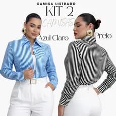 Kit Camisas Femininas Listradas Crepinho Manga Longa M G Tendência 2026