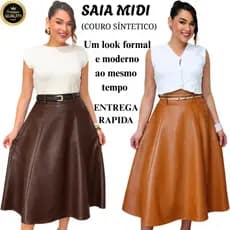 Saia Couro Feminina Sintético Midi Cintura Alta Courino Premium Moda Evangélica Social M G GG G1