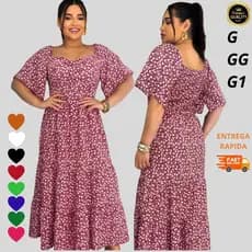 Vestido Floral Feminino com Ajuste em Látex na Cintura – Manga Curta Plus Size Tamanho G GG G1