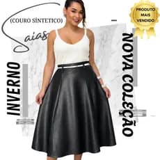 Saia Couro Feminina Midi Rodada Cintura Alta Premium Moda Social M G GG GG1